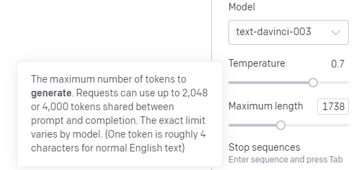 OpenAI playground Maximum Length Setting