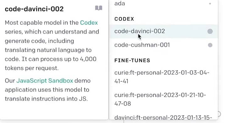 OpenAI playground models codes