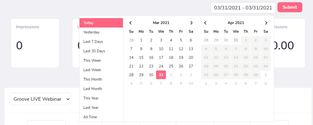 affiliate dashboard calendar