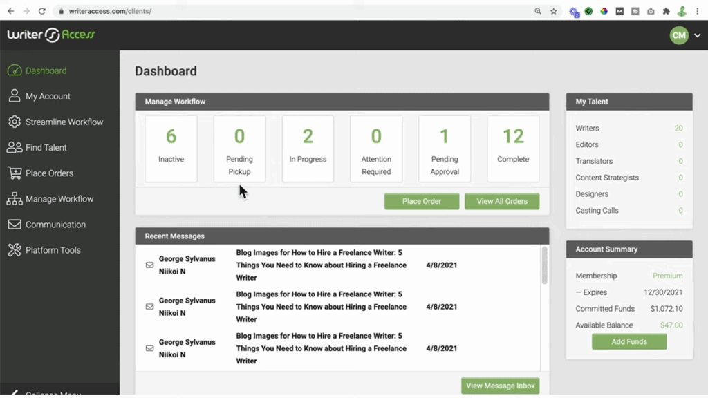 WriterAccess Workflow dashboard