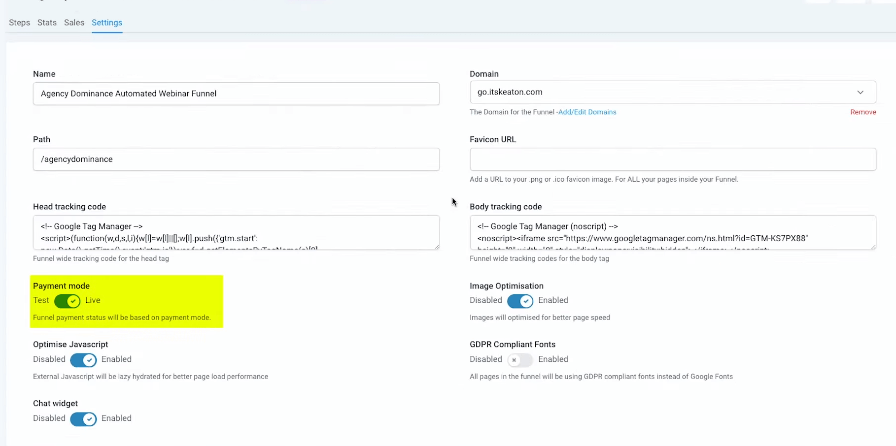 sales funnel settings