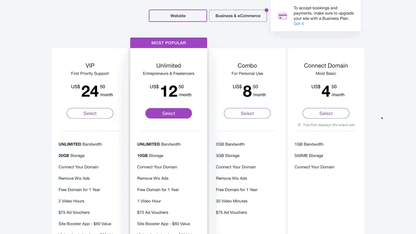 Wix pricing